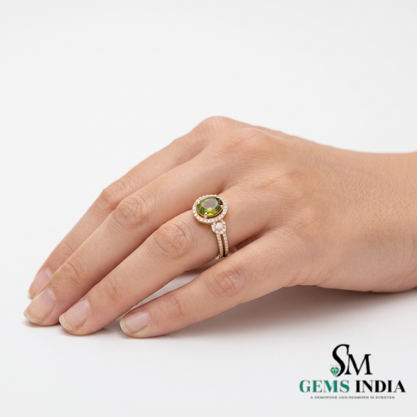 Oval Peridot Halo Engagement Ring with Diamond Accent - Timeless Fine Jewelry