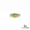 Natural Green Peridot Three Stone Oval Ring with Diamond Accent Leaves