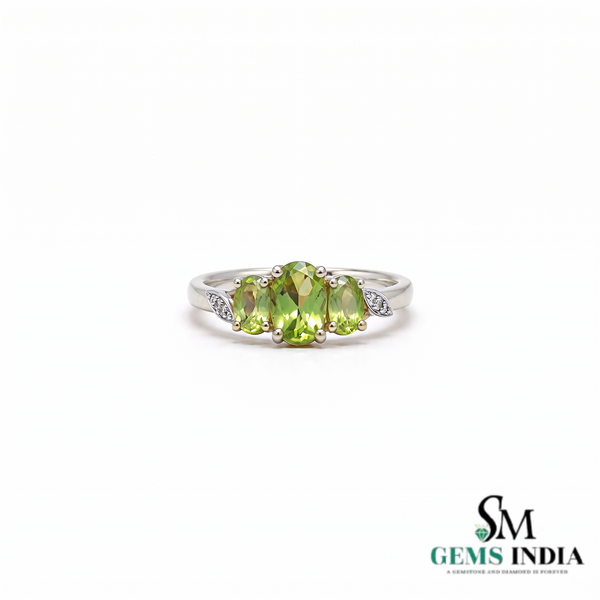 Natural Green Peridot Three Stone Oval Ring with Diamond Accent Leaves