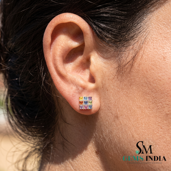 Natural Rainbow Princess Cut Gemstone Square Stud Earrings with Diamond Accent Grid Design