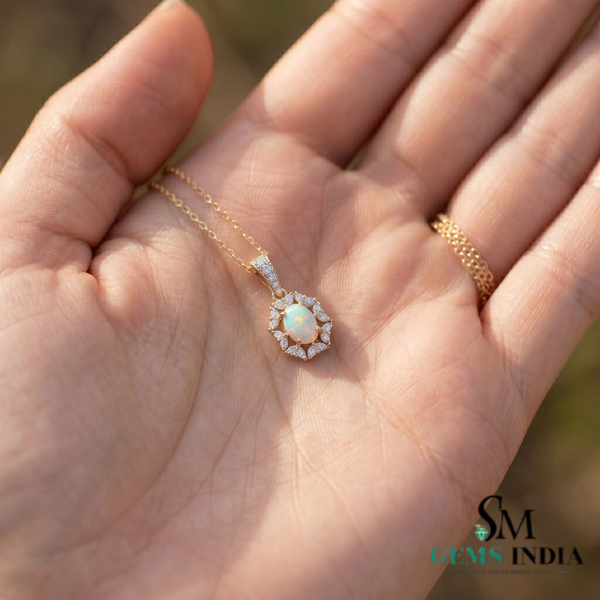 Natural Oval Opal Diamond Halo Pendant - – Vintage Inspired Diamond Opal Jewelry