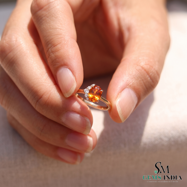 Natural Orange Citrine Oval Cut Halo Ring with Diamond Accents - Engagement Ring