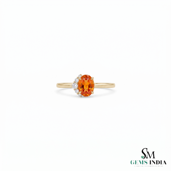 Natural Orange Citrine Oval Cut Halo Ring with Diamond Accents - Engagement Ring