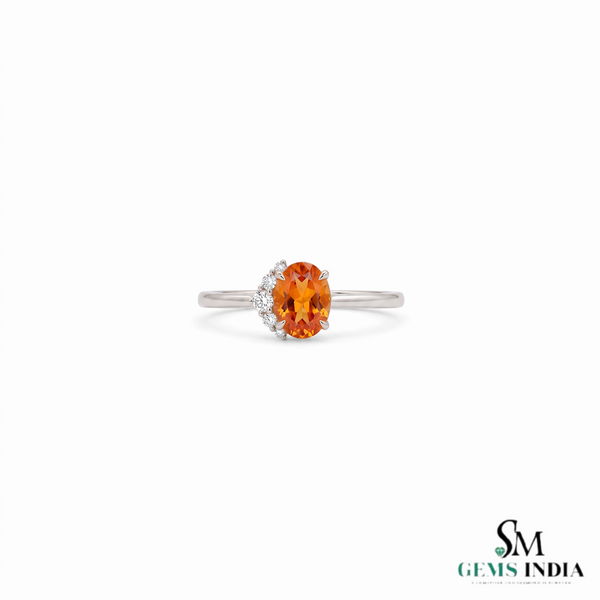 Natural Orange Citrine Oval Cut Halo Ring with Diamond Accents - Engagement Ring