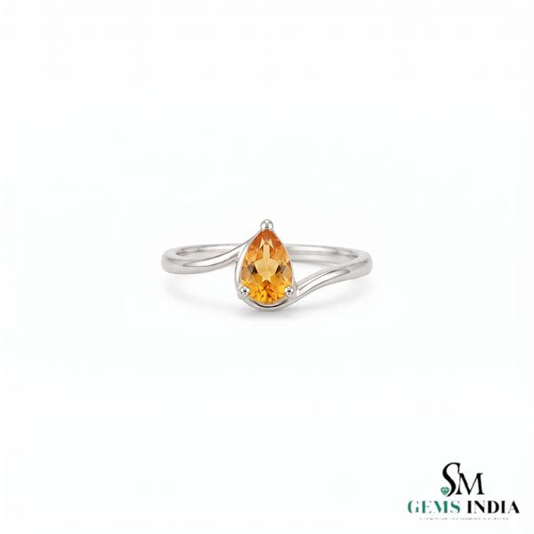 Natural Citrine Teardrop Solitaire Ring with Curved Band - Elegant Gold Gemstone Ring