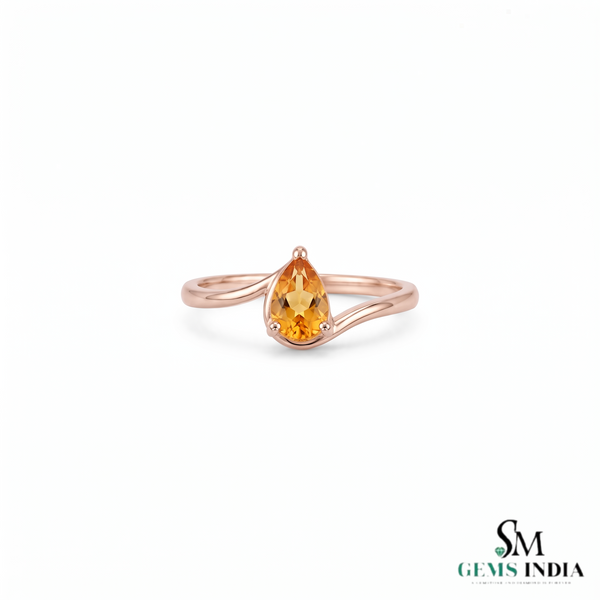Natural Citrine Teardrop Solitaire Ring with Curved Band - Elegant Gold Gemstone Ring