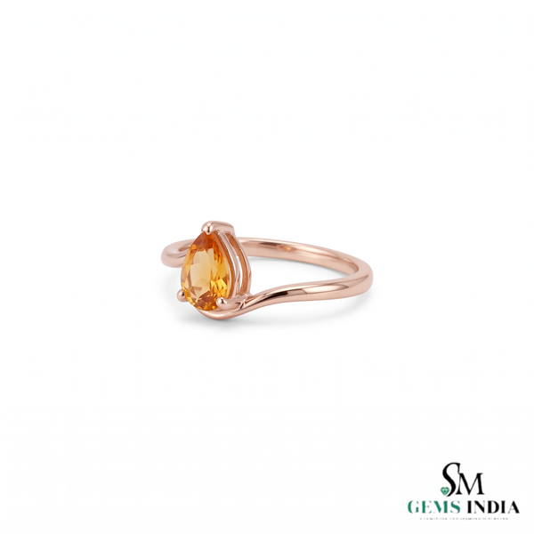 Natural Citrine Teardrop Solitaire Ring with Curved Band - Elegant Gold Gemstone Ring