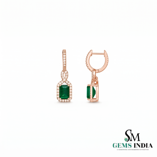 Emerald Cut Emerald Diamond Halo Huggie Hoop Drop Earrings - Emerald Drop Earrings