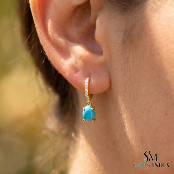 Turquoise Oval Cabochon Drop Earrings With Diamond Accents - Elegant Gift For Her