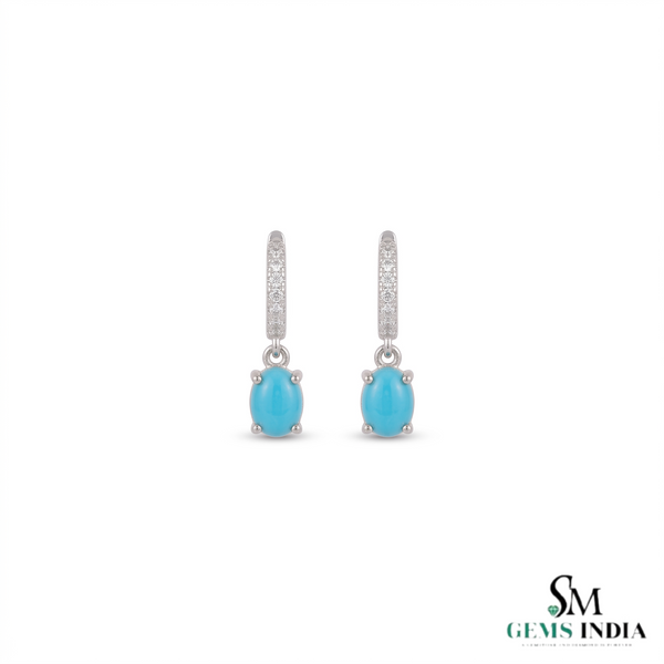 Turquoise Oval Cabochon Drop Earrings With Diamond Accents - Elegant Gift For Her