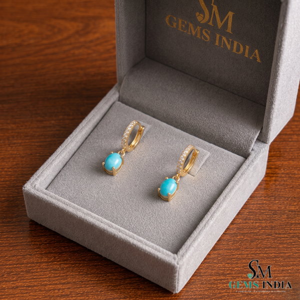 Turquoise Oval Cabochon Drop Earrings With Diamond Accents - Elegant Gift For Her