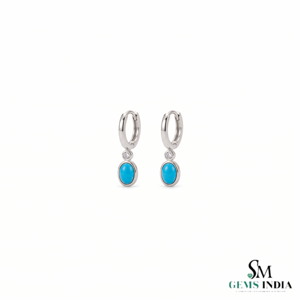 Oval Turquoise Huggie Hoop Earrings with Diamond Accent - Anniversary Gift
