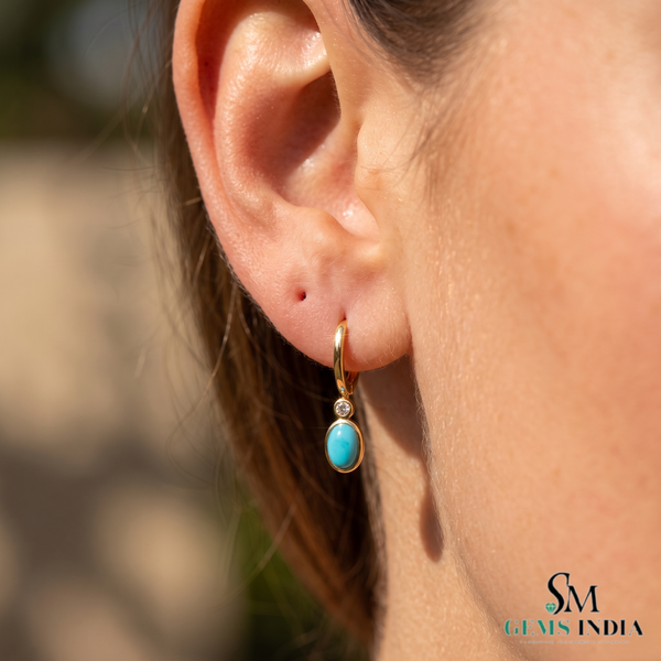 Oval Turquoise Huggie Hoop Earrings with Diamond Accent - Anniversary Gift