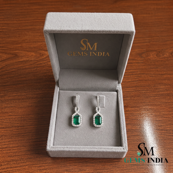 Emerald Cut Emerald Diamond Halo Huggie Hoop Drop Earrings - Emerald Drop Earrings