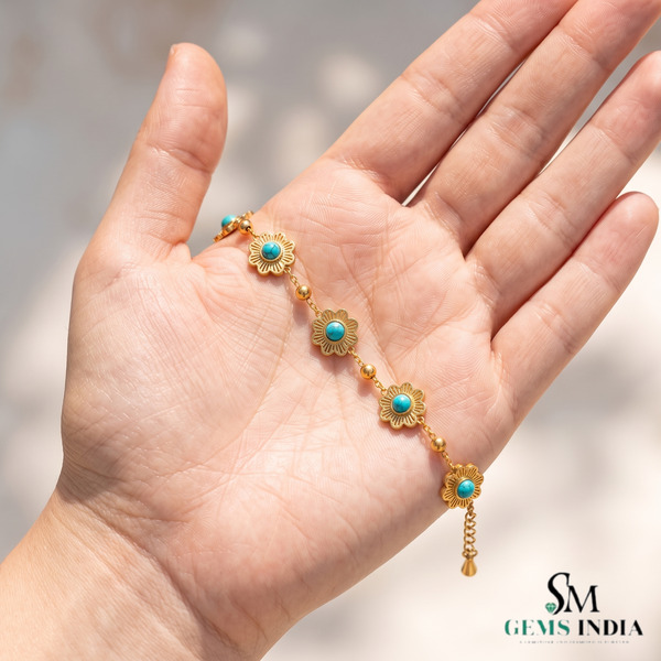 Turquoise Floral Bracelet With Five Stones and Sunburst – Elegant Jewelry Gift For Her