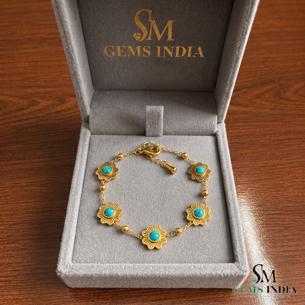 Turquoise Floral Bracelet With Five Stones and Sunburst – Elegant Jewelry Gift For Her