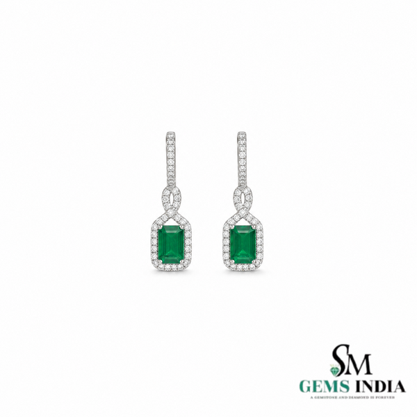 Emerald Cut Emerald Diamond Halo Huggie Hoop Drop Earrings - Emerald Drop Earrings