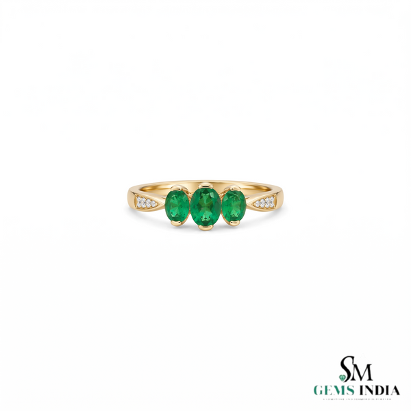 Elegant Triple Oval Emerald Ring With Diamond Accent - Elegant Gift For Her