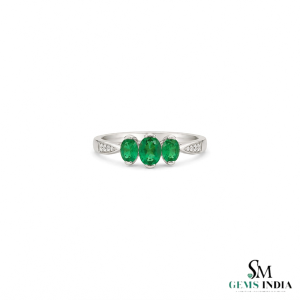 Elegant Triple Oval Emerald Ring With Diamond Accent - Elegant Gift For Her