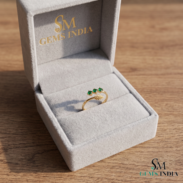 Three Round Emerald Open Wrap Ring With Leaf Detail - Nature Inspired Fine Jewelry