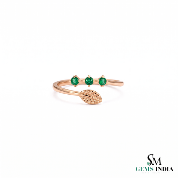 Three Round Emerald Open Wrap Ring With Leaf Detail - Nature Inspired Fine Jewelry