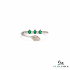 Three Round Emerald Open Wrap Ring With Leaf Detail - Nature Inspired Fine Jewelry