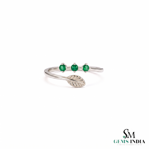 Three Round Emerald Open Wrap Ring With Leaf Detail - Nature Inspired Fine Jewelry
