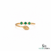 Three Round Emerald Open Wrap Ring With Leaf Detail - Nature Inspired Fine Jewelry