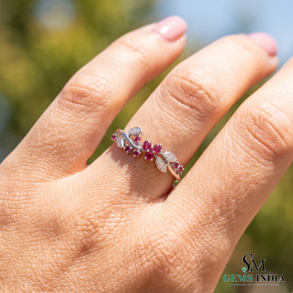 Ruby Floral Vine Ring with Diamond Accent Leaves – Elegant Gemstone Jewelry