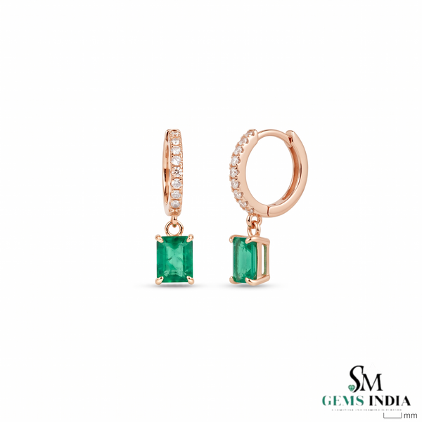 Emerald Cut Green Emerald Huggie Drop Earrings With Diamond Accents - Gift For Her