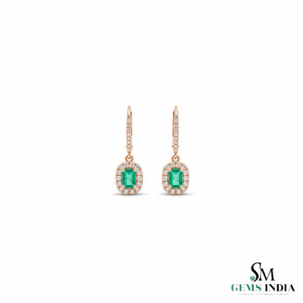 Emerald Cut Green Emerald Drop Earrings With Diamond Halo –Green Gemstone Jewelry