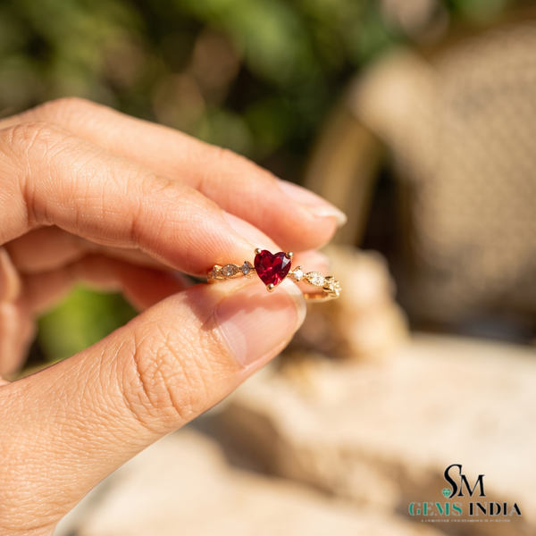 Heart Cut Ruby Ring with Diamond Halo Accents – Elegant Vintage Inspired Jewelry