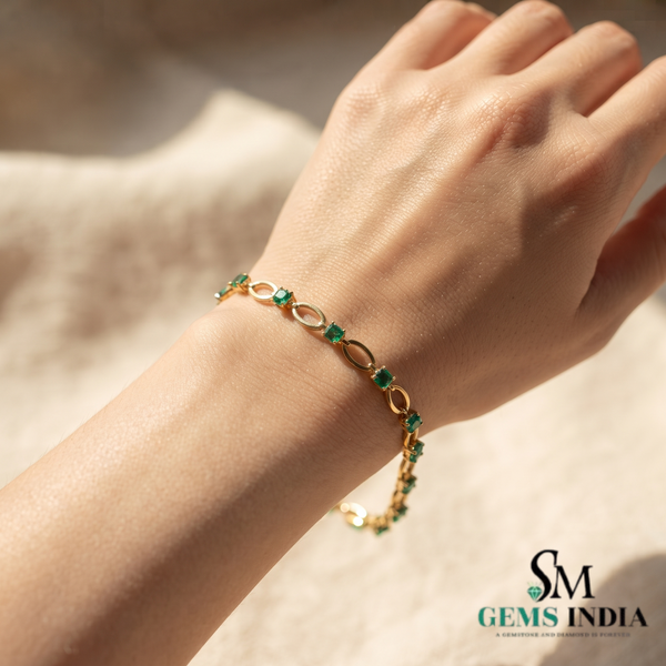 Round Emerald Station Link Bracelet - Gift For Her