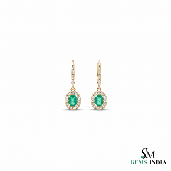 Emerald Cut Green Emerald Drop Earrings With Diamond Halo –Green Gemstone Jewelry