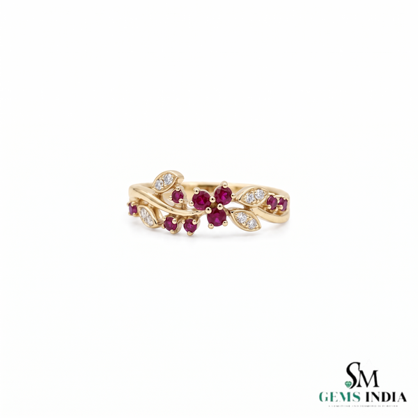 Ruby Floral Vine Ring with Diamond Accent Leaves – Elegant Gemstone Jewelry