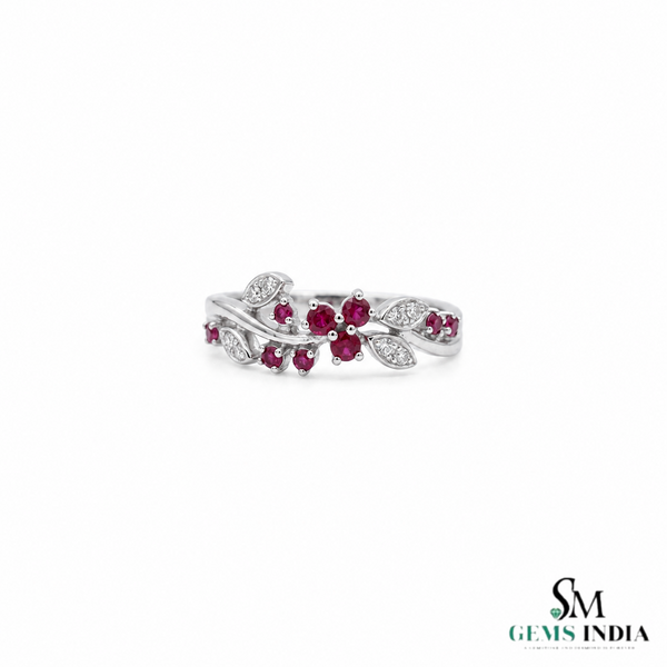 Ruby Floral Vine Ring with Diamond Accent Leaves – Elegant Gemstone Jewelry