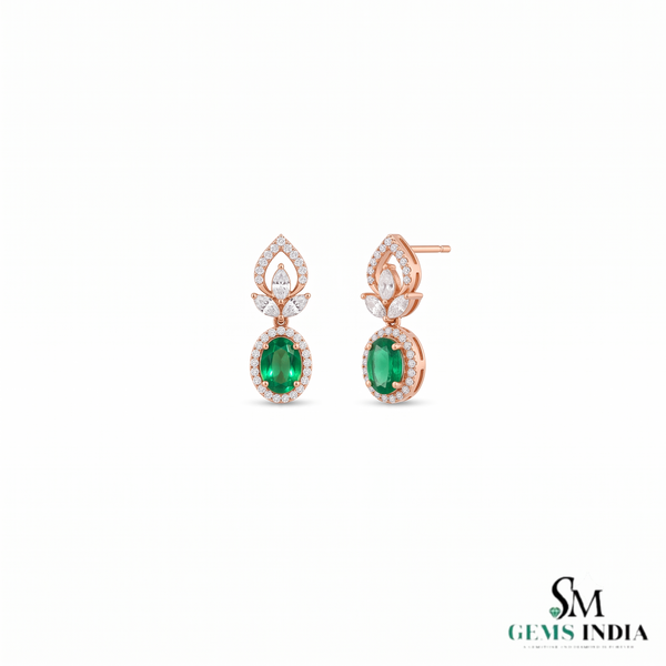 Oval Emerald Stud Earrings With Diamond Halo & Floral Design – Elegant Fine Jewelry