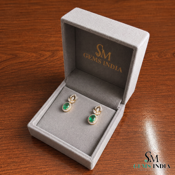 Oval Emerald Stud Earrings With Diamond Halo & Floral Design – Elegant Fine Jewelry