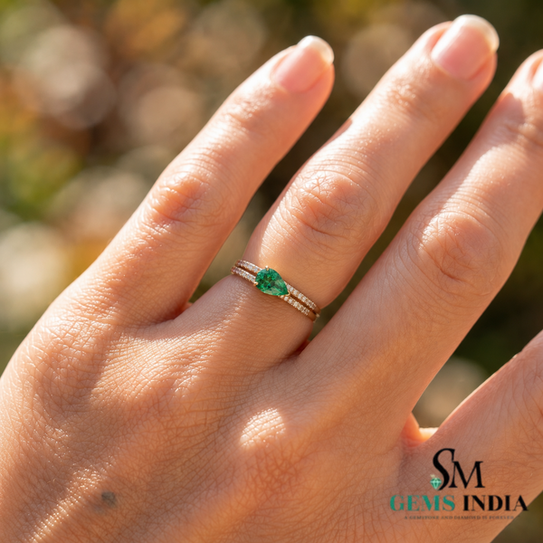 Pear Shape Emerald Green Diamond Double Band Promise Ring