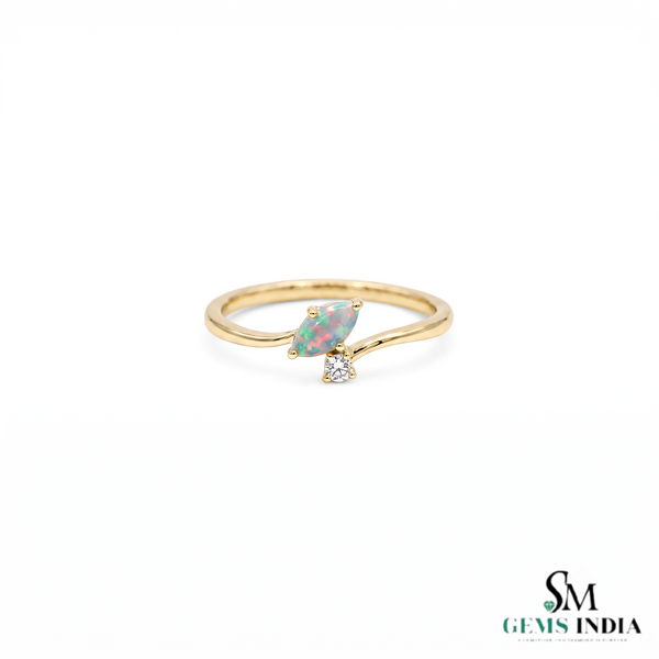 Marquise Opal Halo Ring with Diamond - Promise Ring For Her
