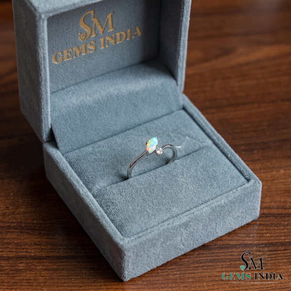 Marquise Opal Halo Ring with Diamond - Promise Ring For Her