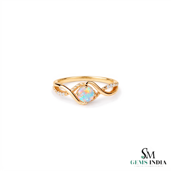 Round Opal & Diamond Wave Ring – Elegant Gemstone Jewelry for Women