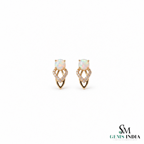 Round Opal Stud Earrings With Diamond – Luxury Fine Jewelry For Her