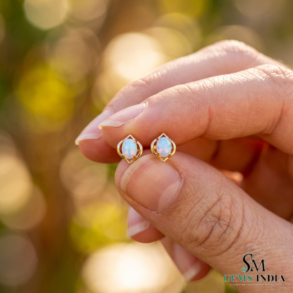 Oval Opal Stud Earrings With Geometric Openwork Design – Timeless Fine Jewelry