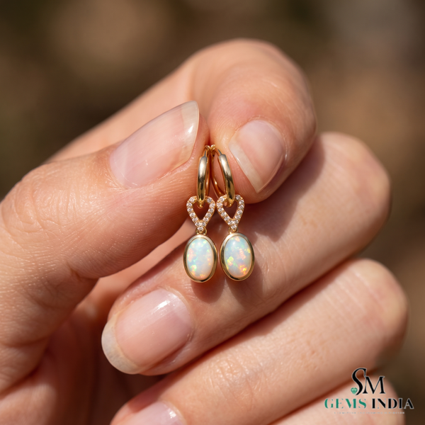 Oval Opal Drop Earrings With Diamond Heart Accent – Elegant Gold Dangle Earrings