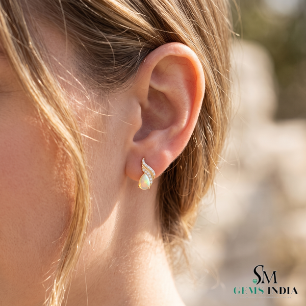 Pear Cut Opal Stud Earrings With Diamond Accent – Elegant Everyday Jewelry Gift