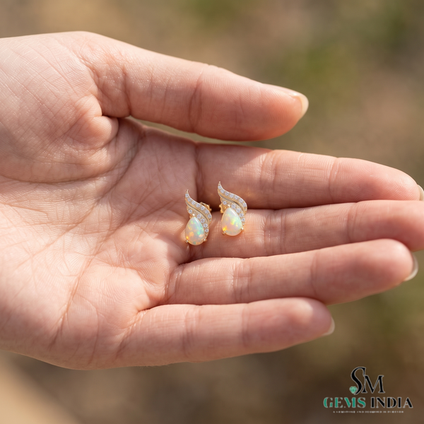Pear Cut Opal Stud Earrings With Diamond Accent – Elegant Everyday Jewelry Gift