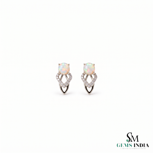 Round Opal Stud Earrings With Diamond – Luxury Fine Jewelry For Her