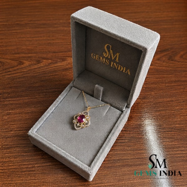 Oval Ruby & Diamond Floral Halo Pendant - Anniversary Gift for Her