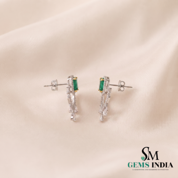 Emerald Cut Emerald Green Heart Drop Earrings with Diamond Accents